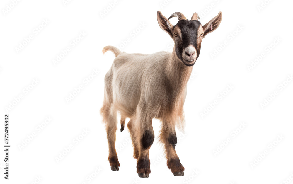 A goat confidently stands on a white background, showcasing its dignified presence A goat confidently stands on a white background, showcasing its dignified presence