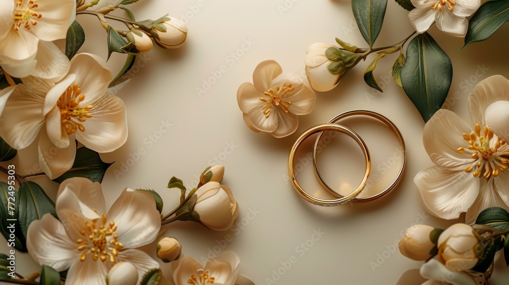 Wedding rings and flowers on beautiful background Wedding rings and flowers on beautiful background