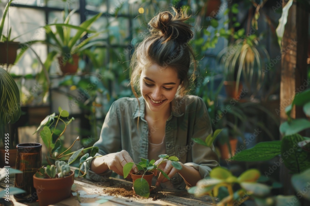 Obraz premium A woman smiling while planting a plant in a pot. Suitable for gardening and lifestyle concepts