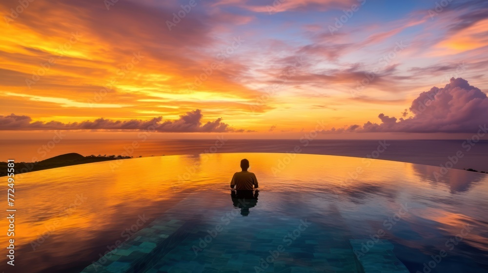 A man was swimming in an infinity pool during sunset time. The pool was located high in elevation
