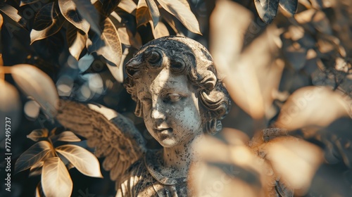 Detailed shot of a serene angel statue, suitable for religious or memorial themes