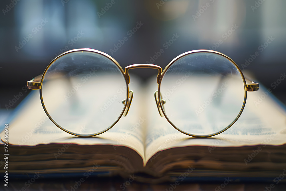 a pair of old-fashioned eyeglasses resting on a book a pair of old-fashioned eyeglasses resting on a book