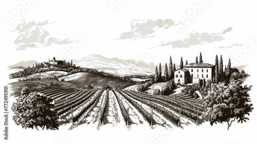 A picturesque vineyard with a house in the background. Suitable for wine industry or real estate concepts