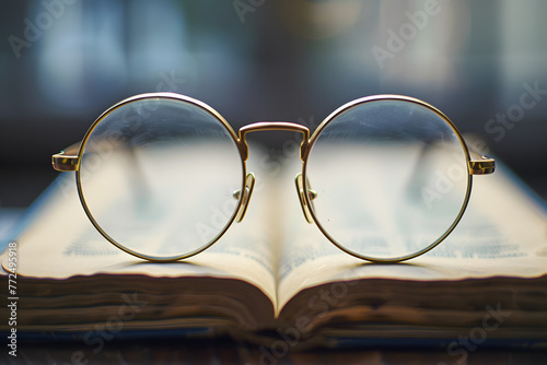 a pair of old-fashioned eyeglasses resting on a book