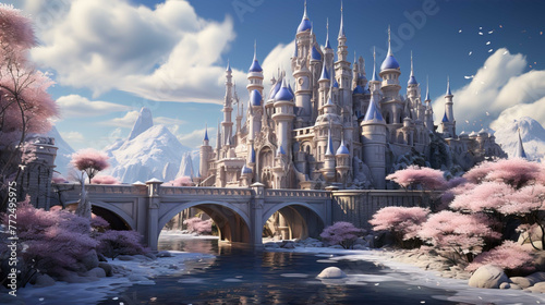 A dream world snow white palace with magnificent decorations luxurious, above the snow mountains, very beautiful, sprinkled with cold snow , Generate AI