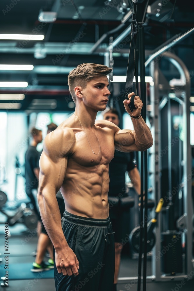 A shirtless young man standing in a gym. Perfect for fitness and lifestyle concepts