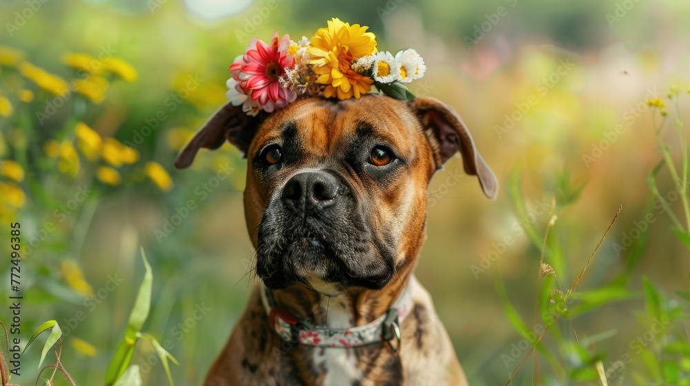 Cute dog wearing a flower crown, perfect for pet lovers Cute dog wearing a flower crown, perfect for pet lovers