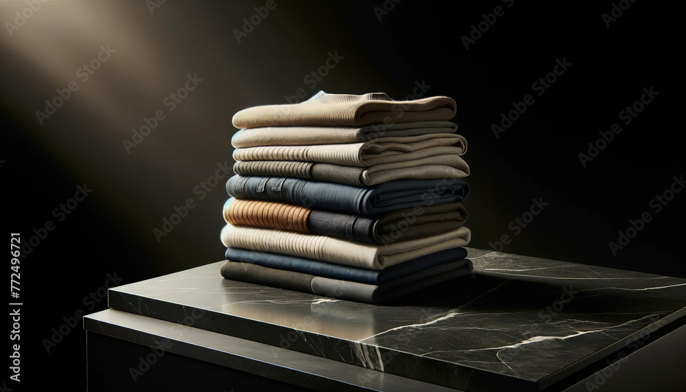 Sleek Display of Folded Fashion Essentials on a Luxurious Black Marble Table Sleek Display of Folded Fashion Essentials on a Luxurious Black Marble Table