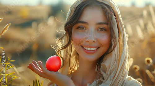 Christian woman with red Easter egg. Mary Magdalene. For Easter Christian publications photo