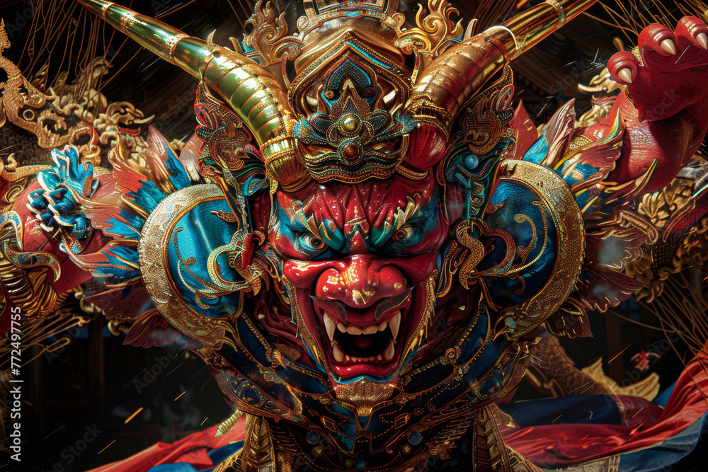 Balinese Demon Mask Detailed in Vivid Colors and Gold, a Cultural Icon