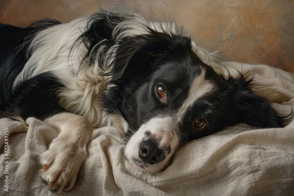 A cute black and white dog resting on a cozy bed. Perfect for pet lovers