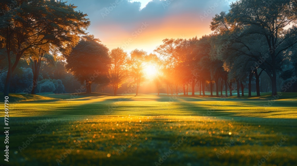 The silhouette of a golfer hits sweeping in the summer and keeps the course clean for relaxation. A vintage color scheme... - obrazy, fototapety, plakaty 