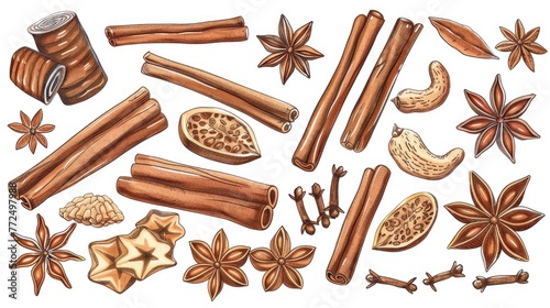 A variety of spices including cinnamons, anise, and star anise. Great for culinary projects