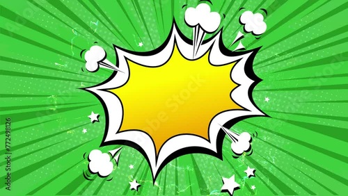 Green background in pop art and  funny cartoon comic style. Variety of text boxes explosion burst.  Energetic sign rotating with blades. Halfton effect with custom text space. Easy to use. 4K 