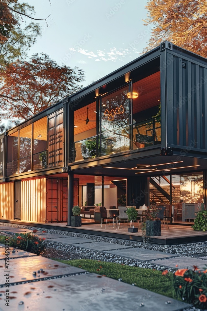 A modern house with many windows and a cozy patio, perfect for real estate and architecture concepts