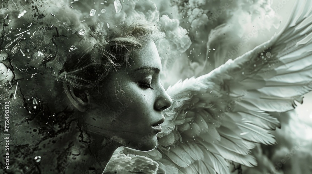 A stunning black and white photo of a woman with wings, perfect for artistic projects