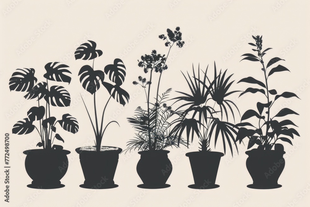 A group of potted plants lined up together. Perfect for interior design projects