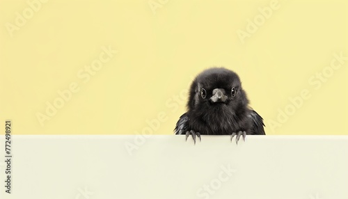 Baby crow sitting on the edge of a blank billboad, copy space, yellow background.