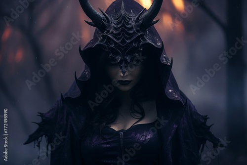 the devil girl with long hair and black wings and black dress with horror expressions and bleeding purple eyes