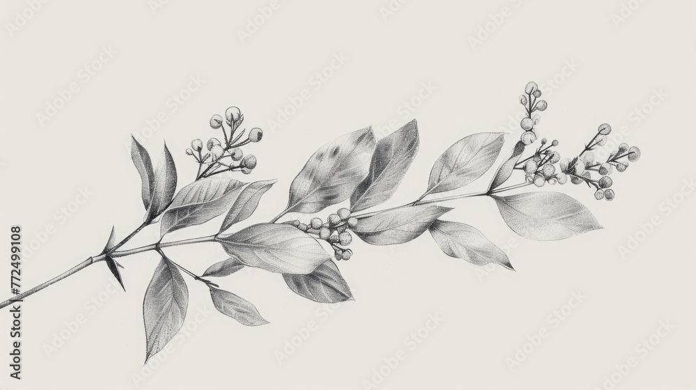 Detailed drawing of a branch with green leaves and colorful flowers. Ideal for botanical illustrations or nature-themed designs Detailed drawing of a branch with green leaves and colorful flowers. Ideal for botanical illustrations or nature-themed designs