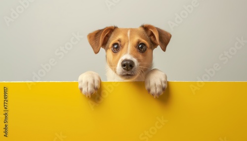 Adorable puppy peeking over the edge of a yellow banner, light gray background, copy space.