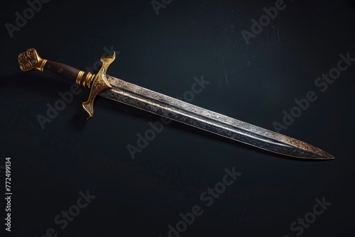 A large knife with a gold handle on a black surface. Can be used for kitchen or cooking concepts