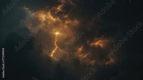 Powerful lightning bolt striking through dramatic cloudy sky. Suitable for weather and natural disaster concepts