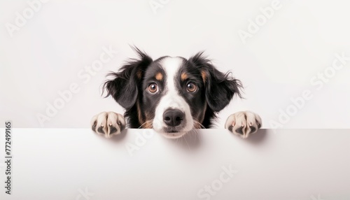 Cute border collie peeking over the edge of a blank banner, white background, copy space.