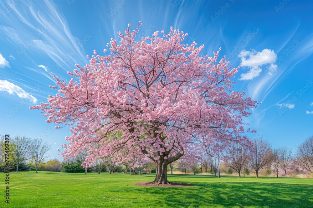 Fototapeta premium A large pink tree standing in a grassy field. Ideal for nature-themed designs