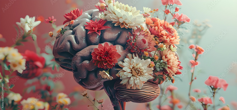 Image of a human brain with flowers, representing the concept of self-esteem and mental health care. It can be used for promoting positive thinking and creativity. - obrazy, fototapety, plakaty 