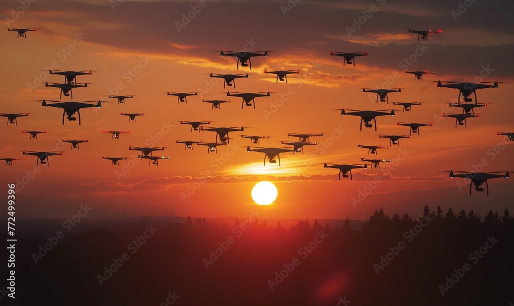 Fototapeta premium Military drones flying into battle at sunset