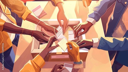 Office referendum or poll concept illustration. People throwing pieces of paper into a cardboard box, in tones of blue, brown and orange.