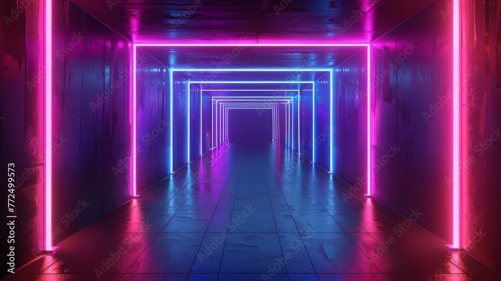 The corridor bathed in pink and blue neon lights stretches forward, creating a deep and immersive tunnel effect in a scene reminiscent of a sci-fi fantasy.