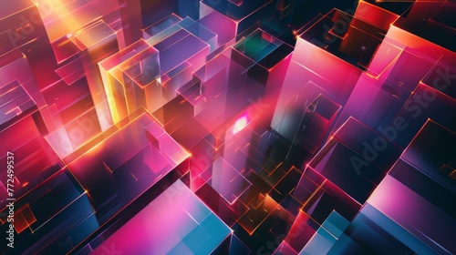 Complex arrangement of luminous, translucent boxes and rectangles with a vibrant neon glow, creating a three-dimensional illusion.