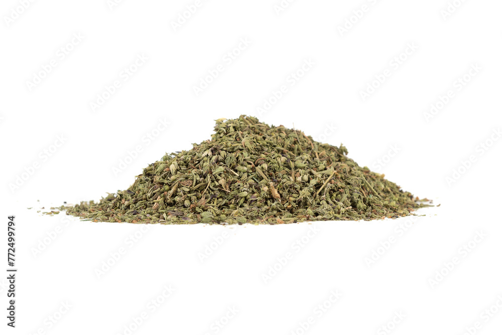 A bunch of dried thyme leaves on a white background. A bunch of dried thyme leaves on a white background.