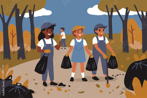 Team of multiethnic children volunteers cleaning plastic waste on the woods on an organized group for the sustainability