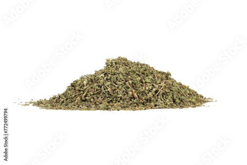 A bunch of dried thyme leaves on a white background.