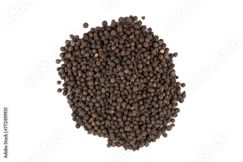 Top view of a pile with black unground pepper peas on a white background.