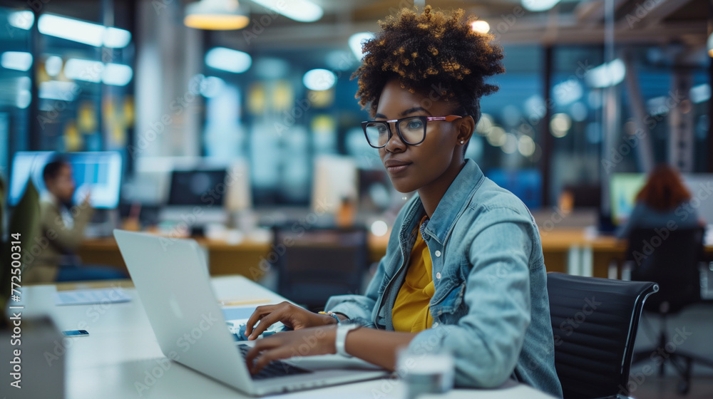 Fototapeta premium A pretty black woman in his late thirties with glasses is sitting at an office desk, working on the laptop