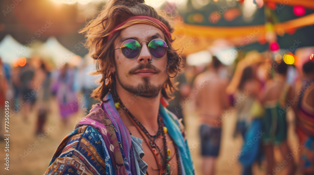 hippie style young man at a music festival