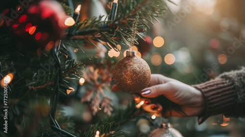 christmas background with christmas tree ornaments with a wman hand who decorate the tree photo