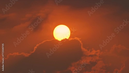 Clouds and Sun Rising Sky Time Lapse. Closeup Telephoto Lens. Travel, Beginning to start a fresh new day.