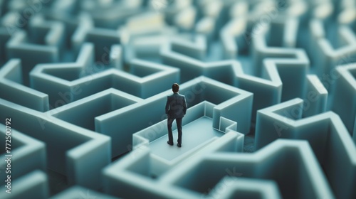 Illustration of a person standing in the middle of the maze or a labyrinth, planning his next step.