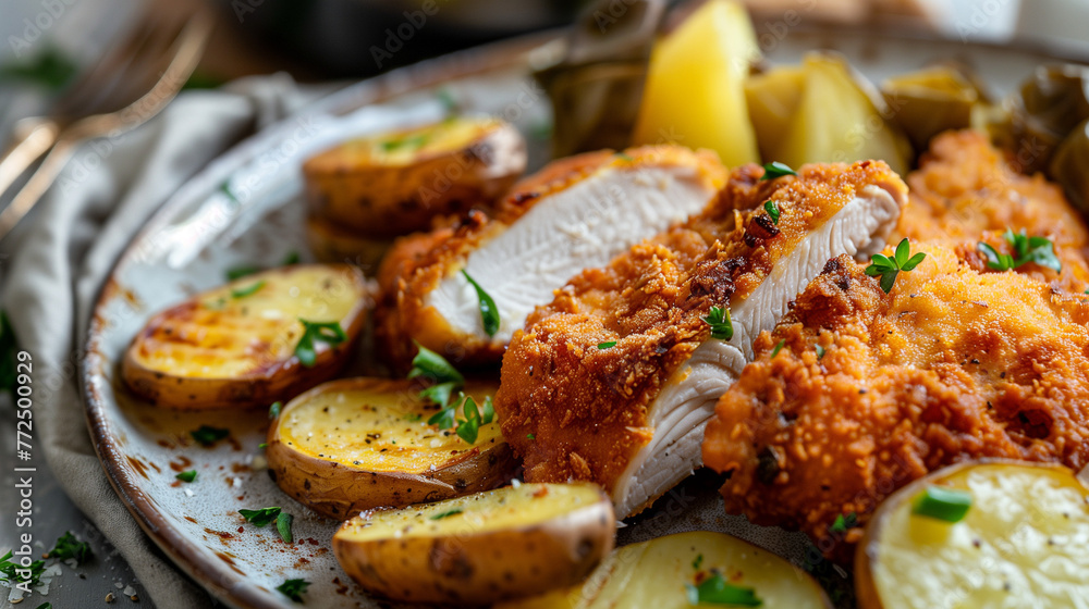 close shoot of perfect chicken breast schnitzel with perfect brown cover with potatoes close shoot of perfect chicken breast schnitzel with perfect brown cover with potatoes