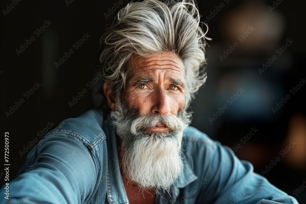 A man with a beard and gray hair is wearing a blue shirt. He has a serious expression on his face. 45 old man with silver beard