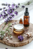 Oil for skin care, herbal medicine, aromatherapy, naturopathy, cosmetics from natural ingredients, herbs, in glass jars and test tubes on a light background, natural cosmetics