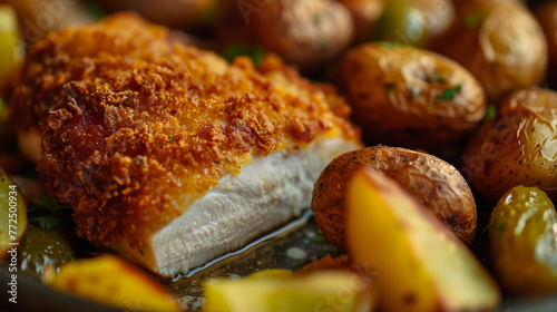 close shoot of perfect chicken breast schnitzel with perfect brown cover with potatoes