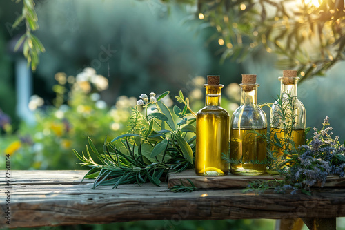Oil for skin care, massage from natural ingredients, herbs, mint in glass jars and test tubes on a background in the garden on the nature, natural cosmetics photo