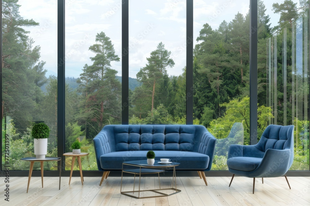 Elegant blue sofa and chair in a modern living room with panoramic forest view