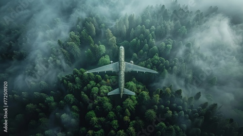 Airplane flying over dense forest symbolizes the need for stricter environmental regulations.